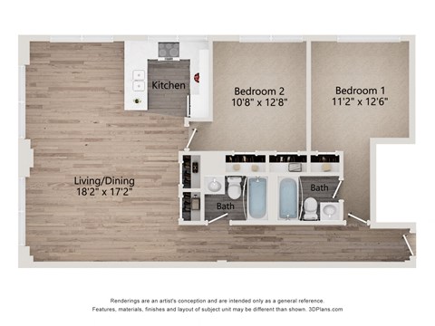 Floor plan for 2 beds, 1 bath, 1024 sqft